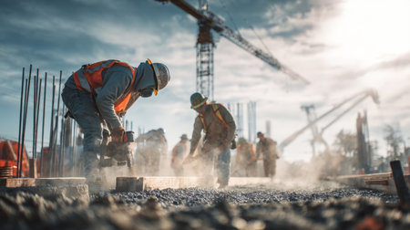 A dramatic, dusty low-angle shot of a construction worker using a jackhammer at a large building site. Represents hard work, physical labor, construction industry, development, infrastructure, and skilled blue-collar employment against a bright sky.の素材