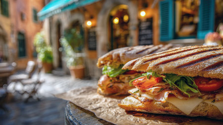 Close-up of two grilled Italian panini sandwiches filled with ham, cheese, tomato, and arugula, served on paper at a quaint European street cafe. Highlights al fresco dining, authentic cuisine, street food, travel, and delicious lunch.の素材