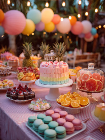 A cheerful, vibrant dessert table set up outdoors for a party or celebration. Features a pastel rainbow cake, macarons, cupcakes, and fresh fruit (citrus, pineapple), beautifully decorated with string lights and paper lanterns for a festive mood.の素材