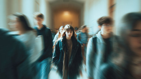A young woman stands in sharp focus amidst a crowd of blurred students in a school hallway. This dramatic photo symbolizes loneliness, social anxiety, isolation, bullying, and mental health challenges faced by teenagers in academic settings.の素材