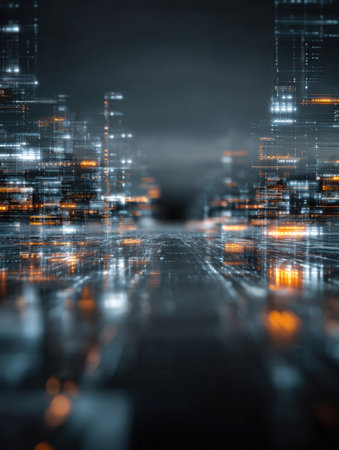 Dynamic and immersive abstract background depicting a futuristic data flow cityscape. Ideal for concepts like digital transformation, blockchain, cybersecurity, financial technology (FinTech), and complex network structures.の素材