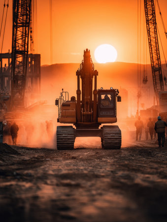Majestic Sunset View of a Heavy Duty Excavator on a Dusty Construction Site, Surrounded by Silhouetted Workers and Cranes, Symbolizing Industrial Development and Hard Labor.の素材