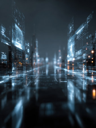 Futuristic Digital Cityscape: Abstract Background of a Sci-Fi Urban Street Made of Glowing Holographic Data and Circuit Board Elements at Night.の素材