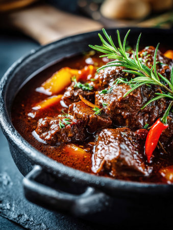 rich, appetizing Hungarian beef goulash or stew served in a rustic black cast iron pot. Garnished with fresh rosemary and a red chili pepper, it highlights the deliciousness and deep flavor of this traditional, homemade comfort food.の素材