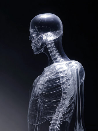 Captivating translucent model of the human skeleton, highlighting the skull, rib cage, and spine with a glowing, X-ray-like effect against a dramatic, shadowy backdrop. Ideal for medical, educational, and abstract concepts.の素材