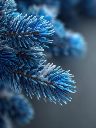 Macro Shot of Icy Blue Spruce Fir Branches Covered in Sparkling Frost and Snowflakes, Capturing the Tranquil Beauty and Serene Atmosphere of the Winter Season and Christmas Holidays.の素材