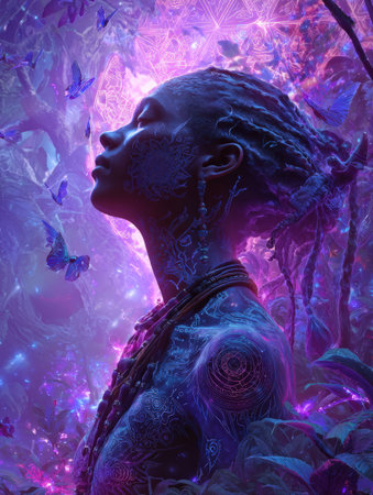 figure with intricate symbolic tattoos and dreadlocks, gazing upwards amidst a neon-purple, glowing jungle. This stunning, abstract image evokes themes of spirituality, mysticism, fantasy, and deep connection with nature and the cosmos.の素材