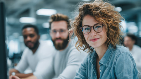 Close-up portrait of a successful, smiling young woman with curly hair and glasses, sitting at her desk with diverse colleagues blurred in the background. Represents team, entrepreneurship, and office life.の素材