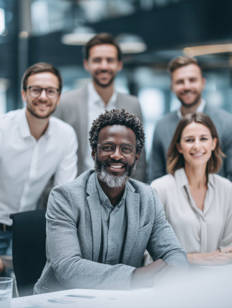 A vertical, medium shot of diverse, successful business team smiling confidently at the camera, led by mature black man with beard and glasses seated in the foreground. They represent teamwork, corporate leadership, success in modern office setting.の素材