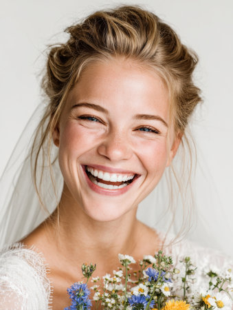 A vibrant, vertical close-up portrait capturing the pure joy of a bride on her wedding day. The beautiful woman, wearing a veil and lace dress, is laughing heartily, showing a stunning white smile while holding a rustic wildflower bouquet.の素材