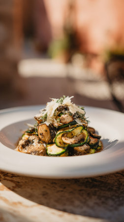 A vertical, close-up shot of a sophisticated Mediterranean side dish or salad featuring sauteed zucchini, mushrooms, and herbs, generously topped with shaved parmesan cheese, served on a white plate outdoors in natural sunlight.の素材