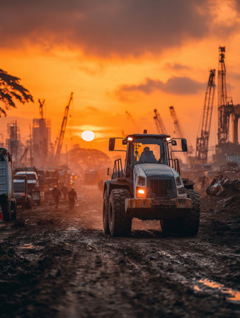 A heavy-duty bulldozer/loader on a muddy construction site road at sunset. The golden hour lighting, haze, and multiple cranes/trucks in the background create a dramatic, industrial atmosphere.の素材