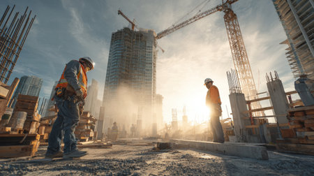 Two construction workers in hard hats and safety gear stand on a large, active building site with towering skyscrapers, cranes, and dramatic backlighting from the low sun, symbolizing development and industry.の素材