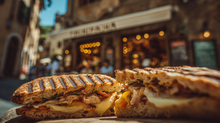 Extreme close-up of a hot, perfectly grilled panini sandwich, sliced to reveal melted cheese and filling, placed on a cutting board with a blurred, sunlit European street cafe and pedestrians in the background.の素材