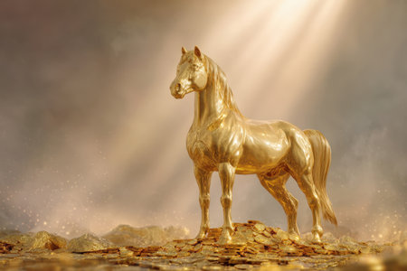 Massive Golden Horse Statue Standing Triumphant on a Mountain of Glimmering Coins, Bathed in Dramatic Sun Rays, Symbolizing Unstoppable Financial Success and Immense Wealth.の素材