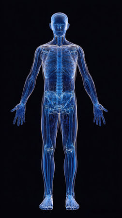 Full body 3D illustration showing the translucent blue glowing outlines of the human male skeletal, lymphatic, and circulatory systems against a dark background, representing anatomy, diagnosis, medicine, and health science.の素材