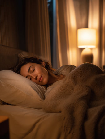 woman is sleeping peacefully in warm, cozy bed at night. she is covered by textured beige blanket and illuminated by soft bedside lamp, symbolizing relaxation, wellness, and healthy sleep habits.の素材