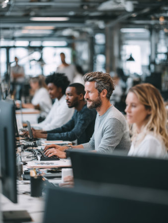 Side profile shot of a diverse group of focused professionals sitting in a row, typing on desktop computers in a bright, modern, and open-plan office setting, symbolizing teamwork and productivity.の素材