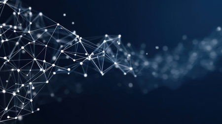 Abstract technological background featuring a complex, flowing mesh of interconnected dots and lines, representing global network, big data, communication, and digital connections on a deep blue backdrop.の素材