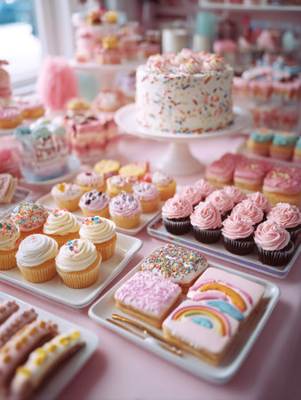 Abundant Pastel Pink Dessert Table Display: Bright and Cheerful Assortment of Sprinkled Cake, Rainbow Cookies, Mini Cupcakes, and Sweet Treats for a Party, Birthday, or Celebration.の素材
