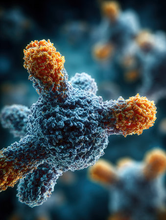 Highly detailed and vibrant microscopic image of a complex structure, possibly a virus, molecule, or antibody, rendered in blue and orange particles, representing health, science, and medical research.の素材