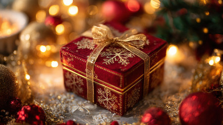 Luxurious Christmas Gift Box with Glittering Gold Bow: Festive Holiday Present Wrapped in Gold Snowflake Paper, Surrounded by Blurred Tree Lights and Ornaments for a Warm, Cozy Atmosphere.の素材