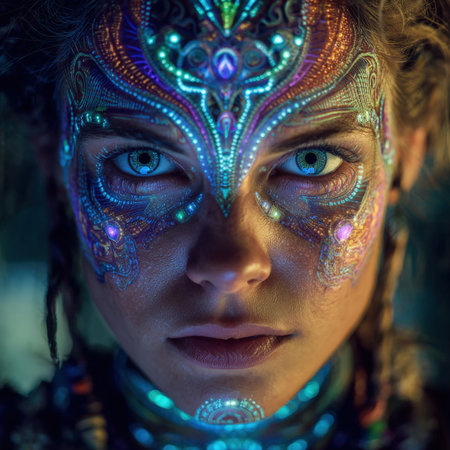 Intense Portrait of a Woman with Luminous Digital Tribal Face Paint: Extreme Close-up Featuring Bright Neon Blue, Green, and Orange Geometric Glow Patterns and Hypnotic Eyes.の素材