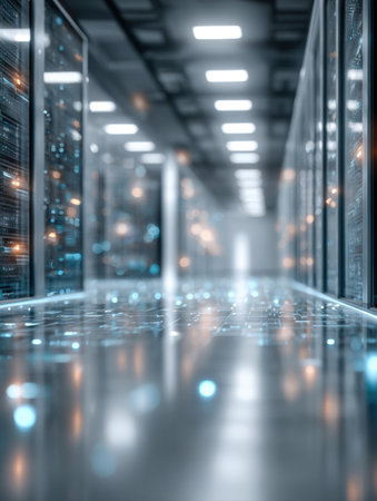 Futuristic server room hallway with rows of racks, a shiny reflective floor illuminated with glowing digital circuit board patterns, symbolizing big data, network, and cloud technology.の素材