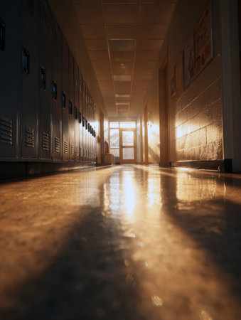 A dramatic, low-angle shot of an empty school hallway lined with lockers, illuminated by warm, golden sunlight streaming through windows at end. Conveys themes of education, student life, memories, nostalgia, atmosphere, and end of school dayの素材