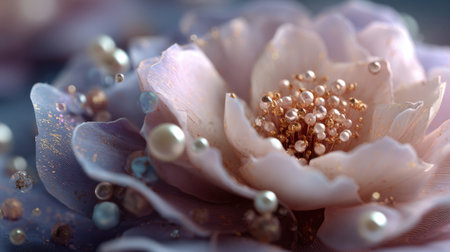 Luxurious Macro Detail of a Delicate Pastel Fabric Flower Adorned with Floating Pearls and Shimmering Gold Glitter, Capturing an Elegant, Soft, and Romantic Abstract Background for High-End Design.の素材