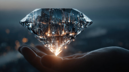 Digital Metropolis Reflected in a Massive Diamond: Conceptual Image of a Glowing, Futuristic Cityscape Contained Within a Brilliant Gemstone Held in an Open Palm, Symbolizing Value and Technology.の素材