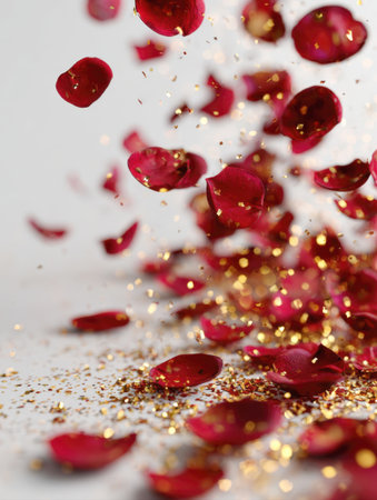 A dramatic vertical shot of vibrant red rose petals and glittering gold confetti falling or being tossed into the air against a clean, light background. Perfect for themes of love, romance, wedding, valentine's day, celebration, and luxury.の素材