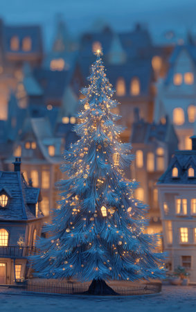 A beautifully decorated christmas tree, featuring warm lights and star topper, standing outdoors in a charming, snowy European village square at twilight. Conveys themes of christmas, holiday spirit, winter, magic, and festive celebration.の素材