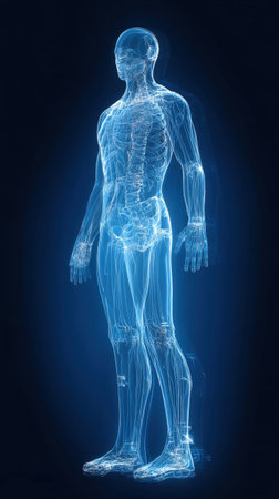 A striking, full-length, X-ray style representation of the male human body, displaying the skeletal structure and intricate outlines of the nervous and vascular systems in glowing blue light. Ideal for medical, biological, and scientific concepts.の素材