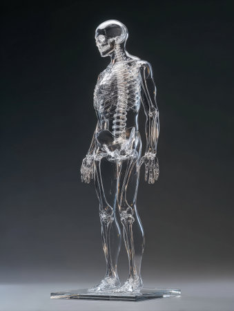 Side view of a highly detailed, transparent model of the human skeletal system. The clear anatomical structure on a dark background is perfect for illustrating anatomy, medicine, biology, and scientific education.の素材