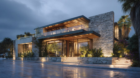 Opulent modern villa with striking stone walls and glass facades at twilight. High-end, contemporary architecture and design featuring warm, integrated lighting and exotic landscaping on a wet, inviting street.の素材
