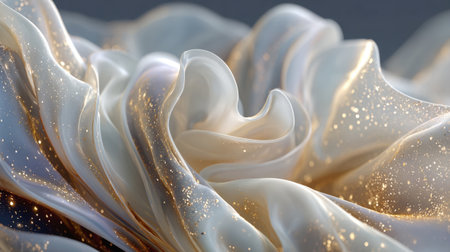 A close-up of luxurious, flowing fabric in shades of cream and light blue, adorned with sparkling gold glitter. Creates an ethereal, opulent, and elegant abstract background, perfect for themes of luxury, beauty, celebration, and fashion.の素材