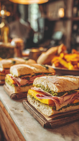 A row of freshly prepared ciabatta sandwiches (paninis) filled with ham, yellow cheese, pesto sauce, served on wooden boards on a countertop in a warm, marble rustic deli or cafe setting. Ideal for themes of gourmet lunch, bistro food, quick serviceの素材