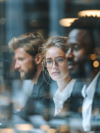 A dramatic through-the-glass view of diverse business professionals in formal attire working seriously at a table in a modern office, highlighting a focused woman in the center. Conveys themes of business, concentration, teamwork, and finance.の素材
