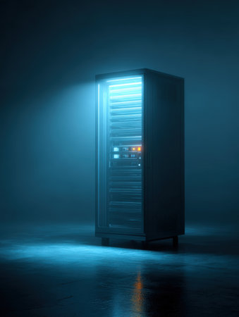Isolated Server Rack: Futuristic Data Center Technology Cabinet Standing on a Dark, Reflective Floor, Emitting a Strong, Mysterious, and Eerie Glowing Blue Light, Symbolizing Security, Cloud Computing, and Digital Information Processing.の素材