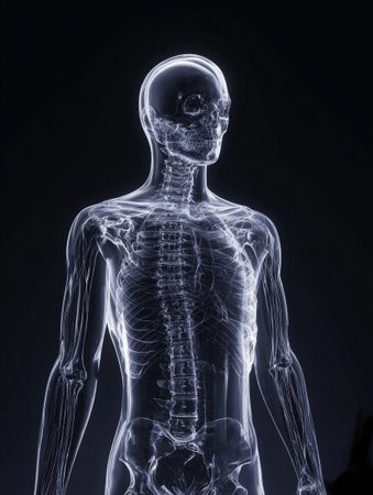 medical illustration of the human upper body, showing the transparent skeleton, skull, ribcage, and spine in a glowing x-ray style. This image is perfect for anatomy lessons, diagnostic concepts, medical research, and biometric security topics.の素材