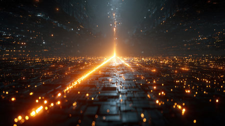 Abstract digital background representing big data, high-speed connection, or internet technology. A dark, textured surface with millions of orange glowing points and a central bright light beam.の素材