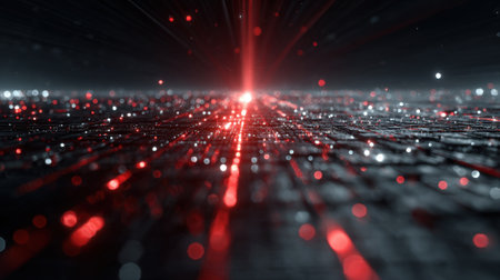 dramatic background showing a high-speed data flow or network connection across a dark digital plane, highlighted by a powerful red light source and motion-blurred particles. This image conveys urgency, technology, cyber risk, speedの素材
