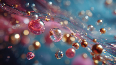 Stunning close-up of glossy, refractive bubbles and metallic gold particles suspended in an abstract, flowing pink and blue liquid or membrane, creating a magical, high-resolution scientific or luxury background.の素材