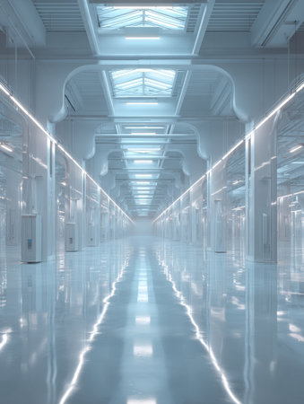 Vertical perspective shot down a vast, empty, brightly lit white corridor with glossy floors, emphasizing perfect symmetry, futuristic factory design, clean room standards, and large commercial or industrial space.の素材