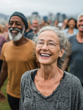 Vertical, joyful portrait of a smiling senior woman in the foreground with her peers behind her. Represents active seniors, community gathering, healthy lifestyle, and positive aging concepts.の素材
