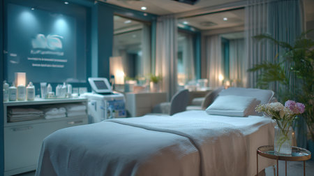 Elegant and peaceful spa room setup featuring a clean white treatment bed, cosmetic products on a shelf, advanced aesthetic machine, fresh flowers, and soft lighting for massage, skincare, or wellness therapyの素材