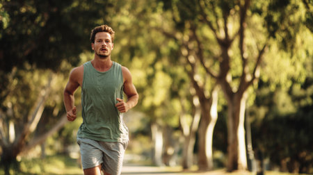 Horizontal medium shot of a fit young man running or jogging in a beautiful green park or tree-lined avenue, focusing on health, wellness, exercise, and active lifestyle concepts.の素材
