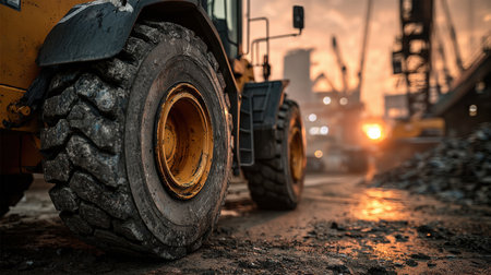 Close-up of the large, rugged tires of a front-end loader or bulldozer on rough terrain, with heavy equipment and cranes blurred in the background against an orange sunset and moody, industrial setting.の素材