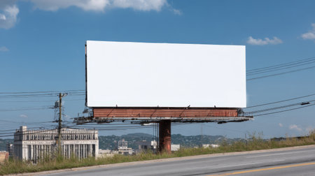 Large blank white outdoor billboard or hoarding template by the side of a road with a city skyline and blue sky background. Ideal for advertising mockups.の素材